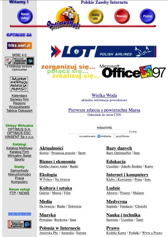 wygląd strony onet.pl z 1997 roku