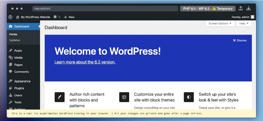 WordPress uruchomiony w środowisku testowym Playground